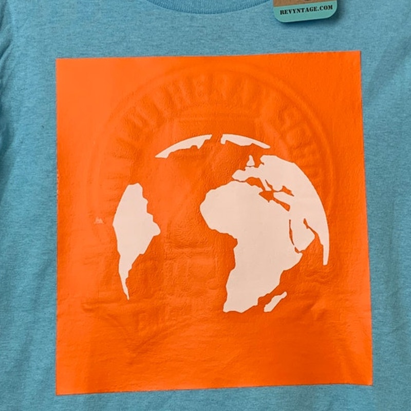 New Upcycled Hand Printed Youth Small Blue Cotton Save Earth Crew Neck Tee