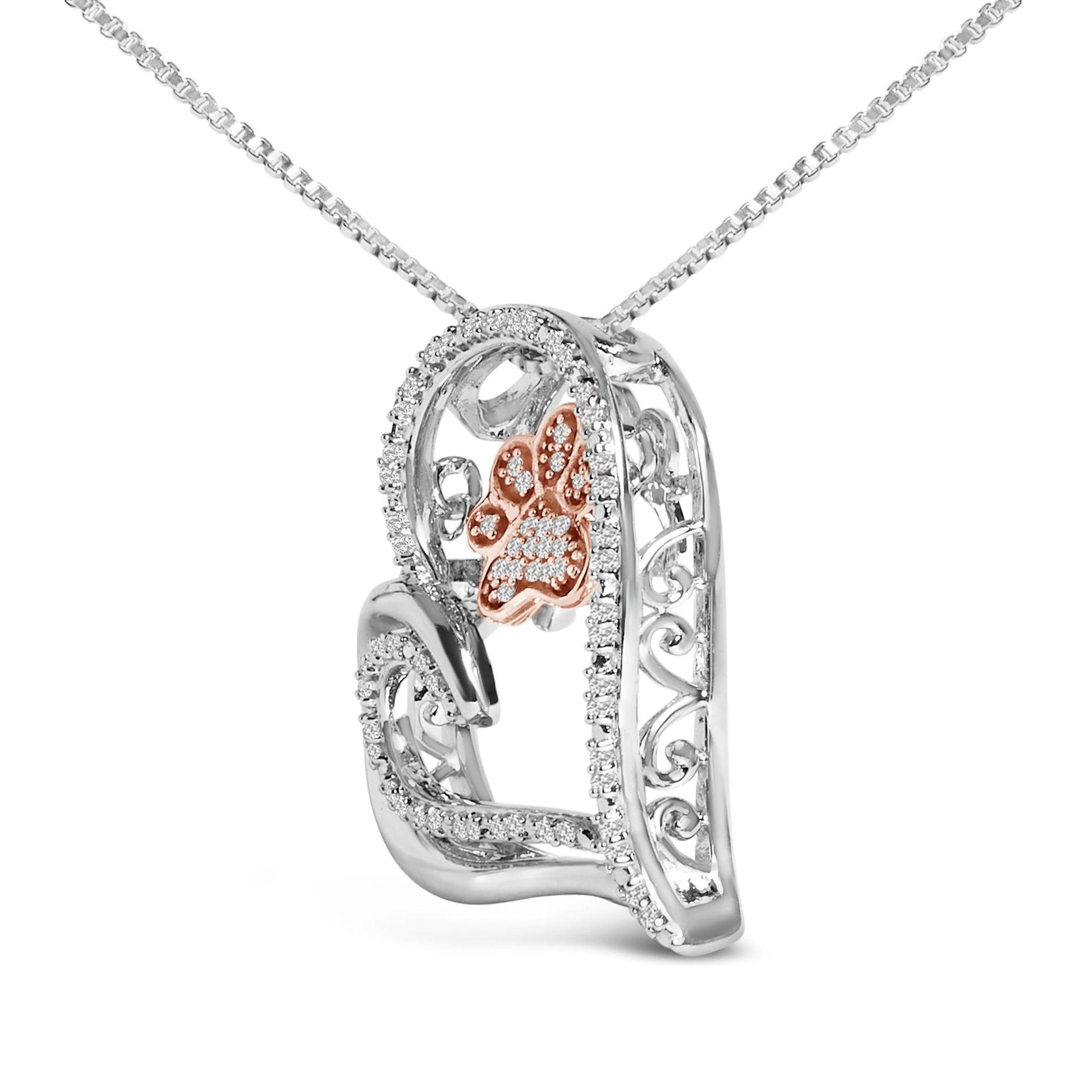 14K Rose Gold Plated Sterling Silver 1/10 Cttw Diamond Paw & Heart Pendant Necklace-3