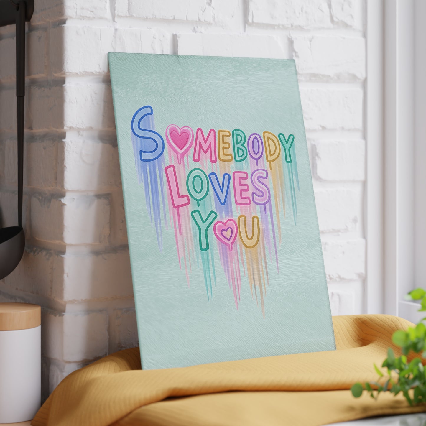 Somebody Loves You Glass Cutting Board — Pastel Rainbow Heart Kitchen Gift