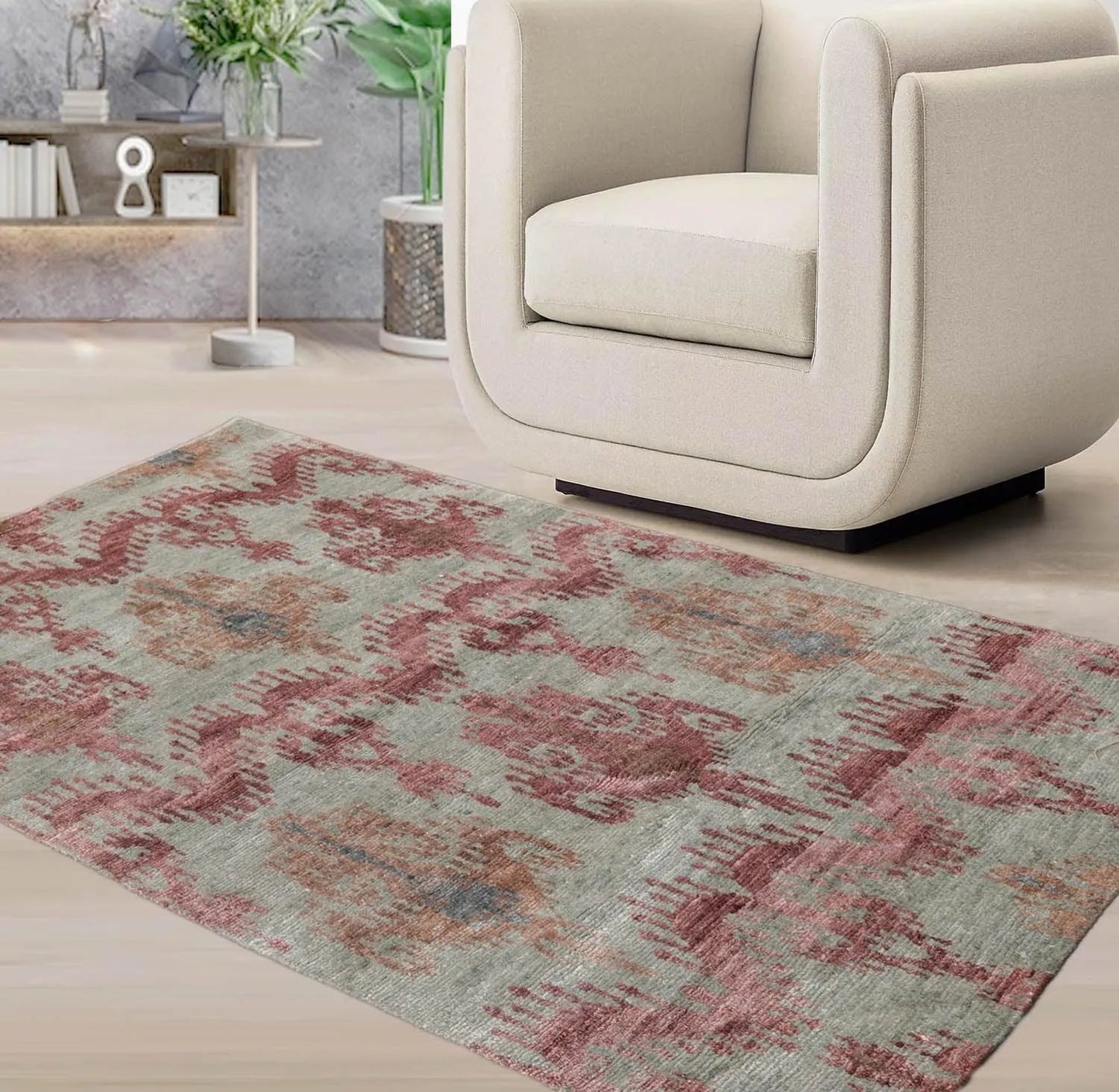3'9''x5'9'' Hand Knotted Tibetan Wool and Bamboo Tibetan Traditional Oriental Area Rug Gray, Aubergine Color-0