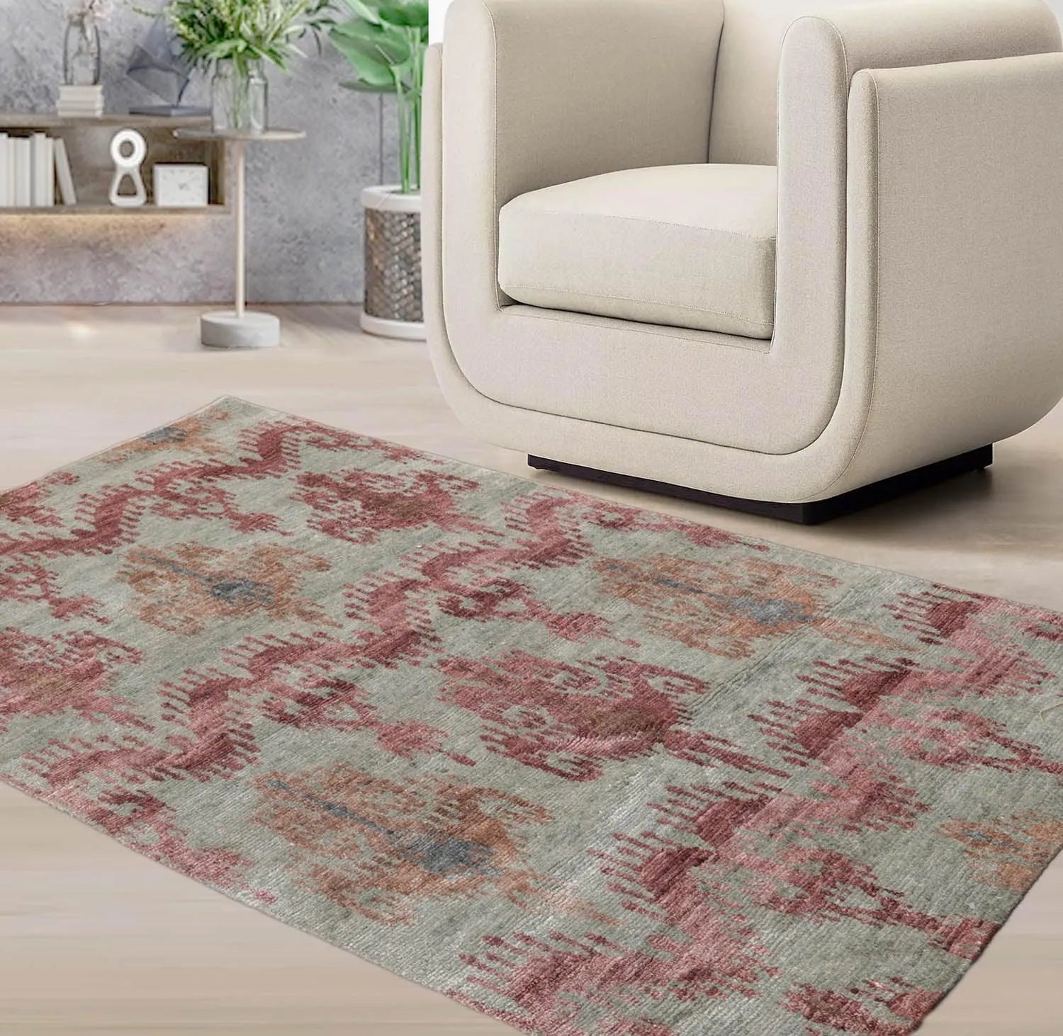 3'9''x5'9'' Hand Knotted Tibetan Wool and Bamboo Tibetan Traditional Oriental Area Rug Gray, Aubergine Color-0