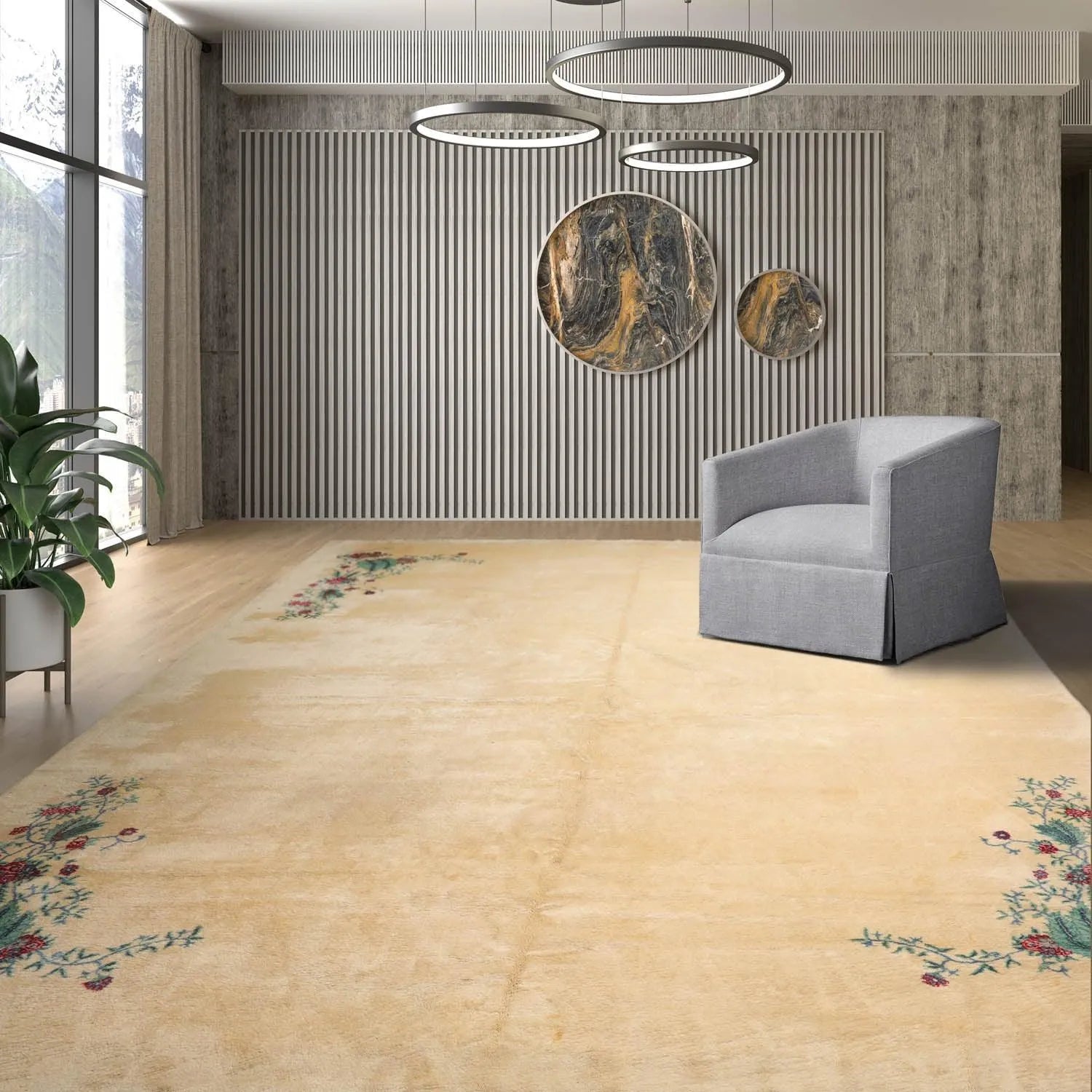 13'4''x16'2'' Hand Knotted 100% Wool Art Deco Traditional Oriental Area Rug Ivory, Turquoise Color-0