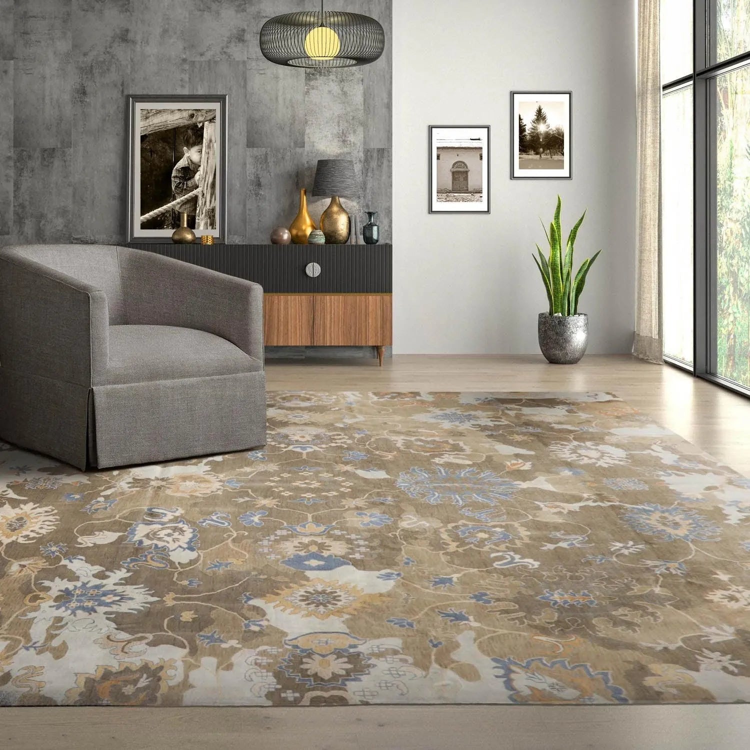 15'8''x15'9'' Hand Knotted Tibetan 100% Wool Oushak Transitional Oriental Area Rug Grayish Brown,Tan Color-1