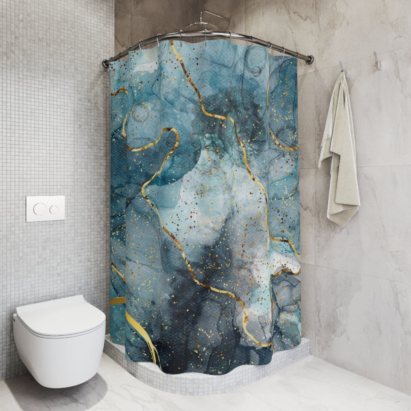 Elegant Abstract Shower Curtain, Boho Bathroom Decor, Blue Gold Home Accent, Gift for Her, Spa Vibes, Modern Interior