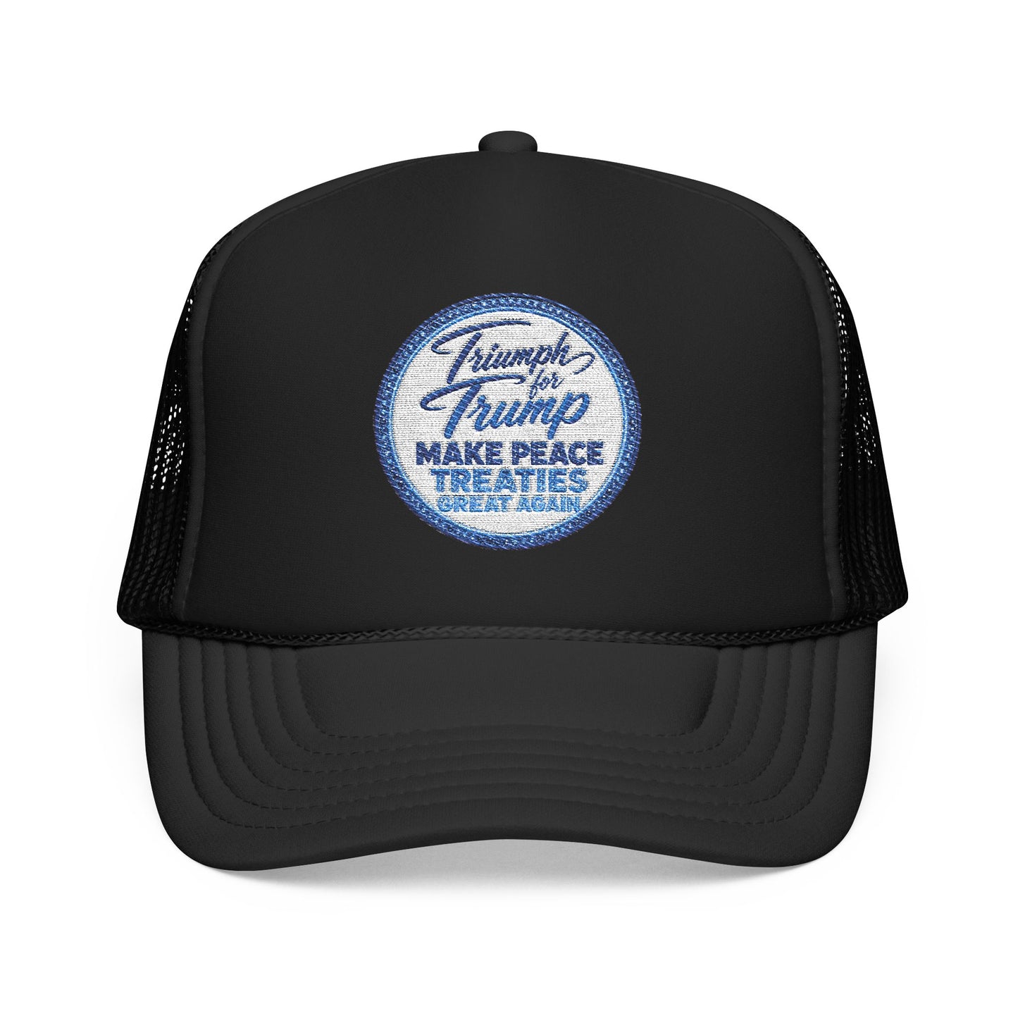 "Triumph for Trump: Make Peace Treaties Great Again" ✨EMBROIDERED Foam Trucker Hat — Vintage Trump Campaign Patch, Only @ LuxeByMimi✨