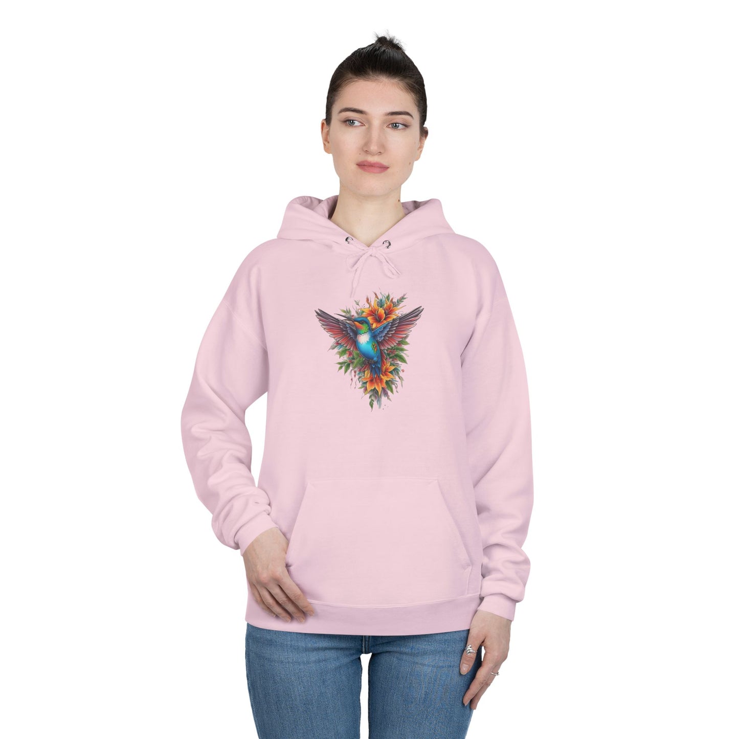 Vibrant Hummingbird Hoodie, Eco-Friendly Pullover, Perfect Gift for Nature Lovers, Spring Fashion, Unique Floral Design