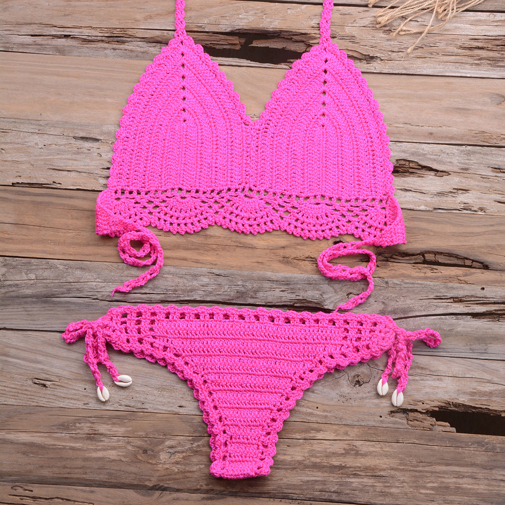 Beach Hollow-out Handmade Woven Split Strap Tank-Top Matching Shell Bikini Briefs