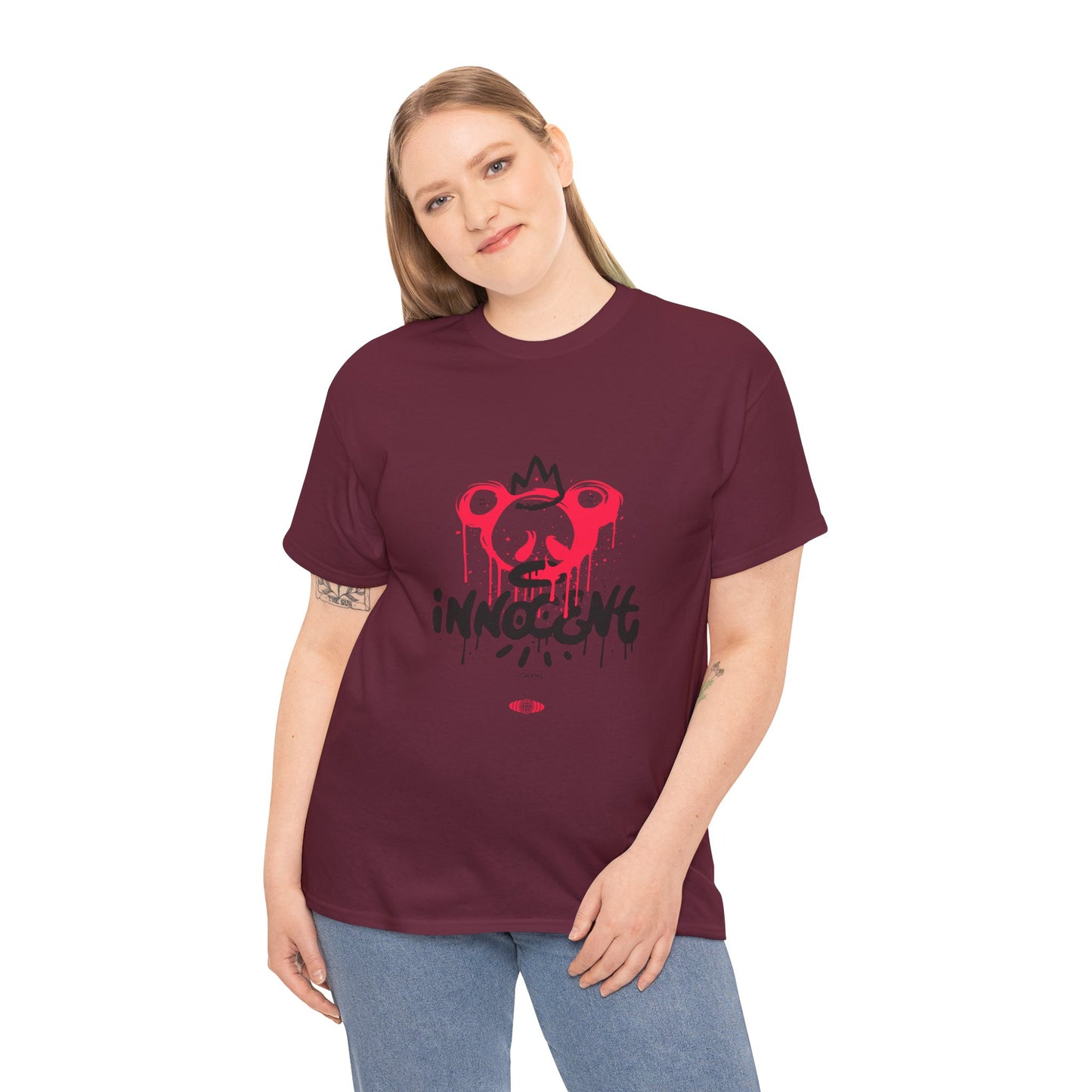 Edgy Graphic Tee: 'Innocent' Design, Urban Fashion, Streetwear, Unisex Cotton T-Shirt, Music Festivals, Casual Wear