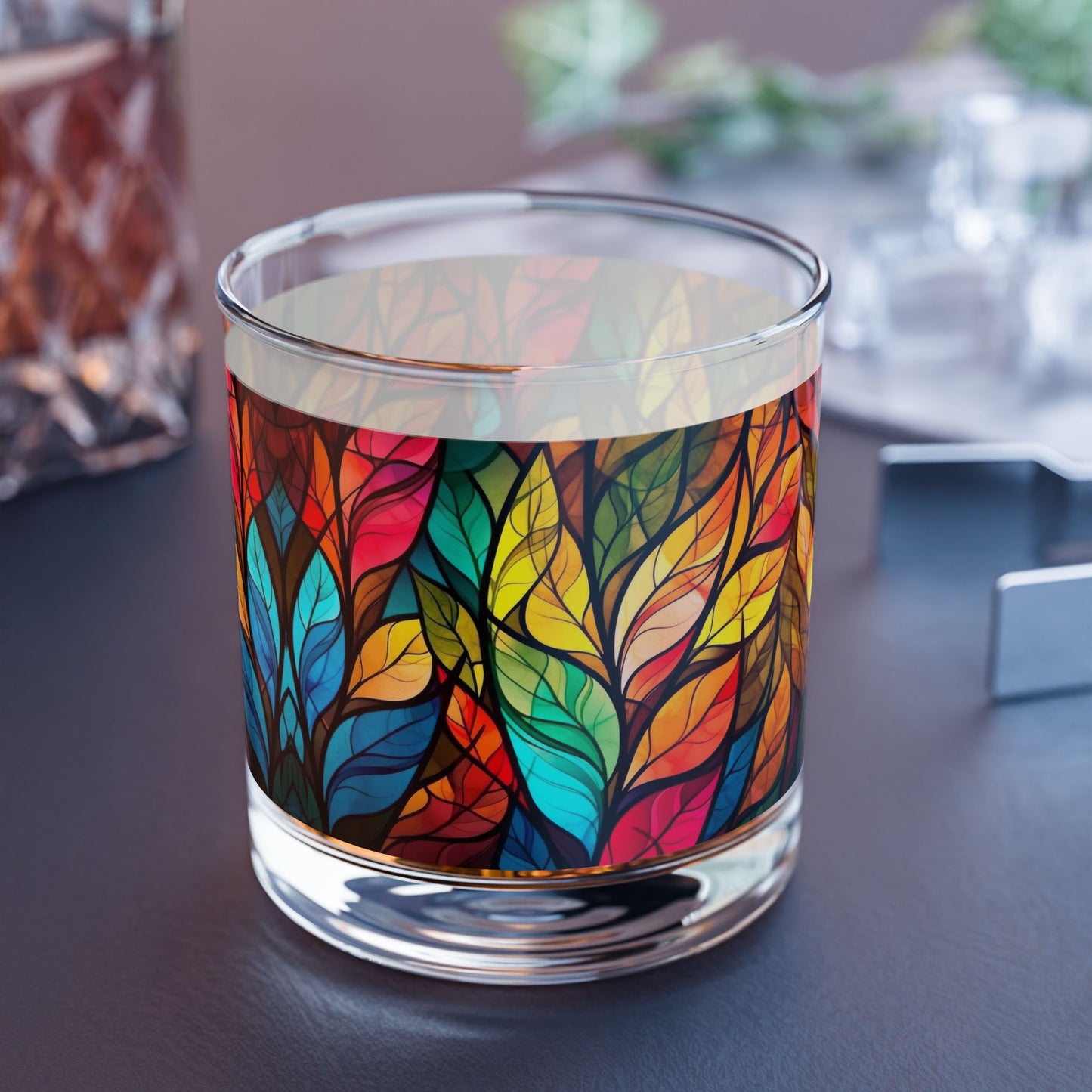 Colorful Stained Glass Leaves Rocks Glass 10oz Whiskey Tumbler