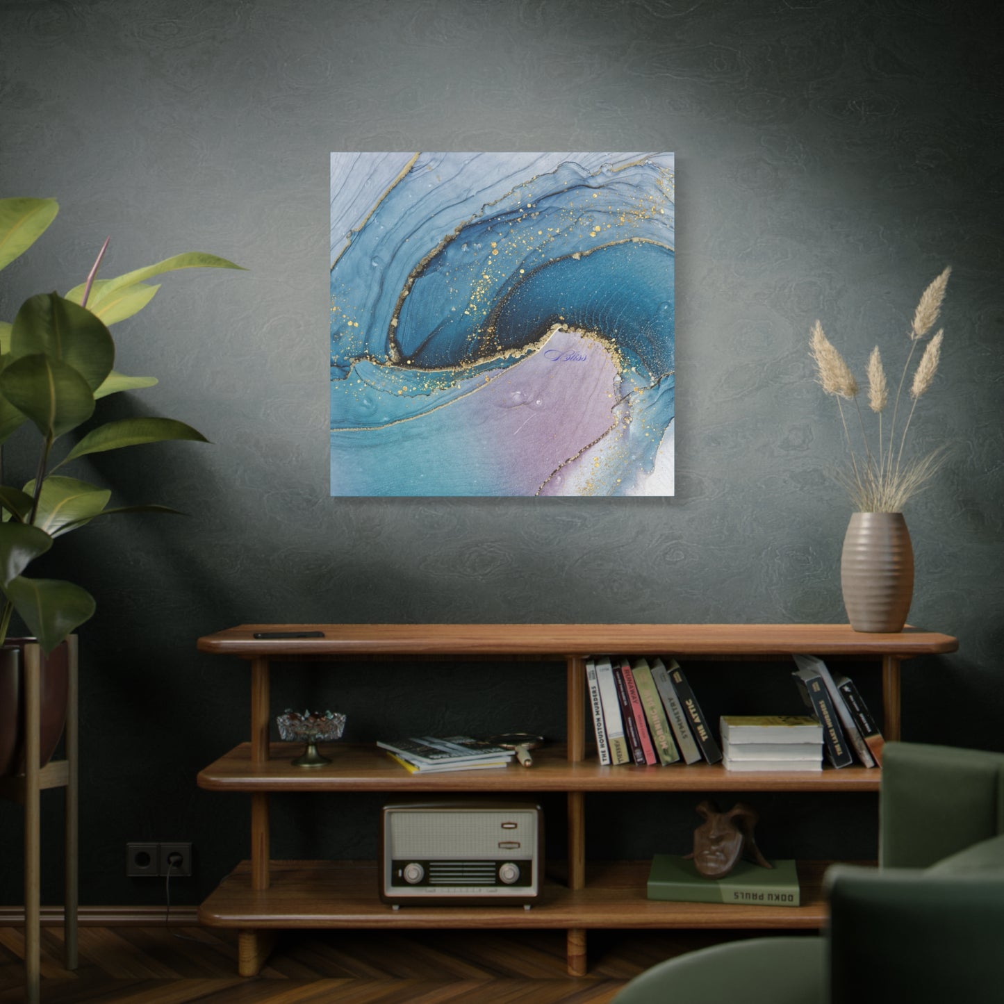 Canvas Wall Art, Abstract Ocean Wave, Modern Decor, Home Office, Gift for Her, Blue Gold Artwork, Living Room Wall Decor