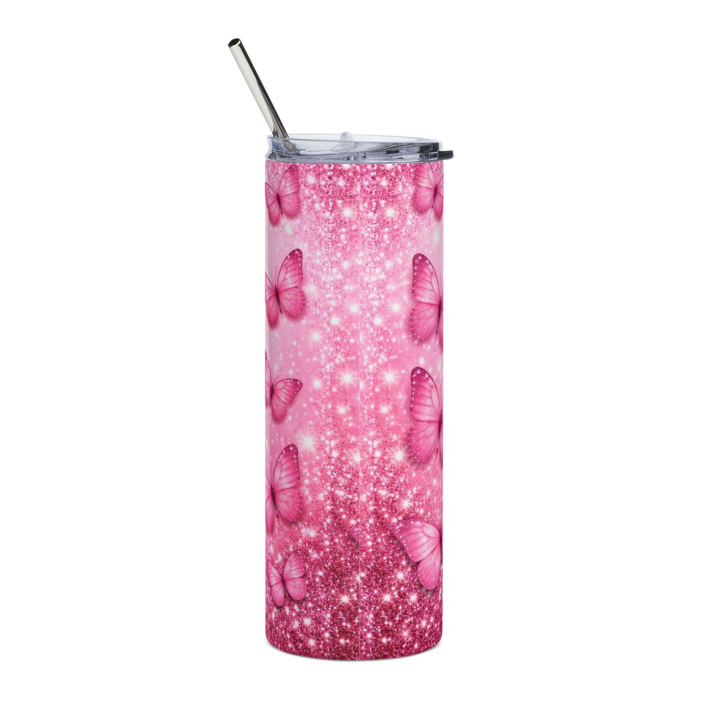 Pink Butterfly 20oz Stainless Tumbler — Sparkle Ombre Travel Cup