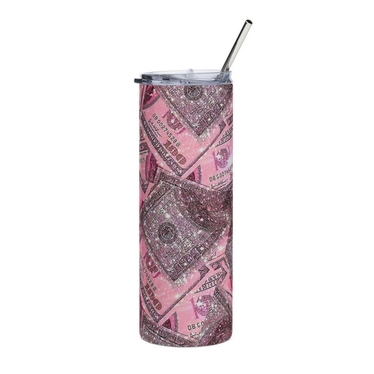 Pink Money Pattern Stainless Steel Tumbler 20oz Glitter Print Cash Design