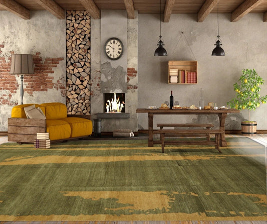 7'8''x9'9'' Hand Knotted Tibetan 100% Wool Michaelian & Kohlberg Modern & Contemporary Oriental Area Rug Green, Muted Gold Color-0