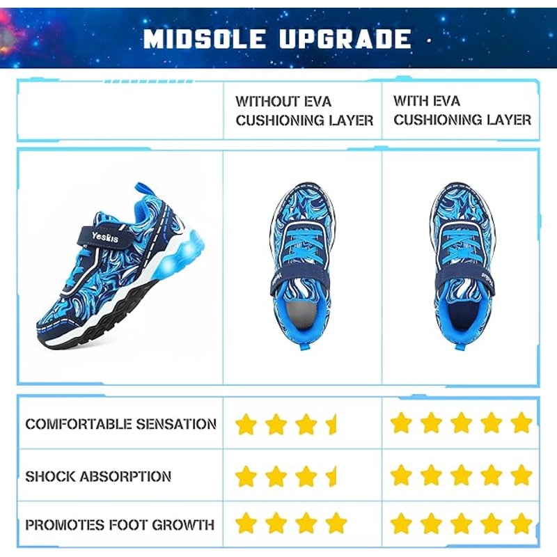 Yeskis Boys Size 3 Blue Swirl Light Up Hook Loop Elastic Lace Slide On Shoes