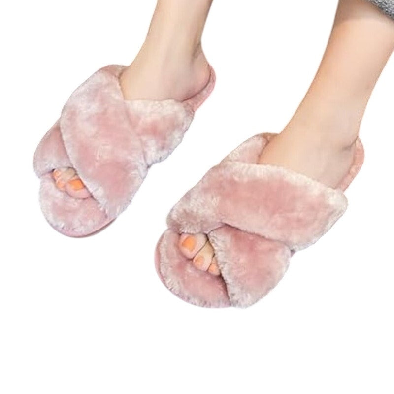 Crazy Lady Womens Size 7/8 Pale Pink Fuzzy Plush Memory Foam Cross Band Slippers
