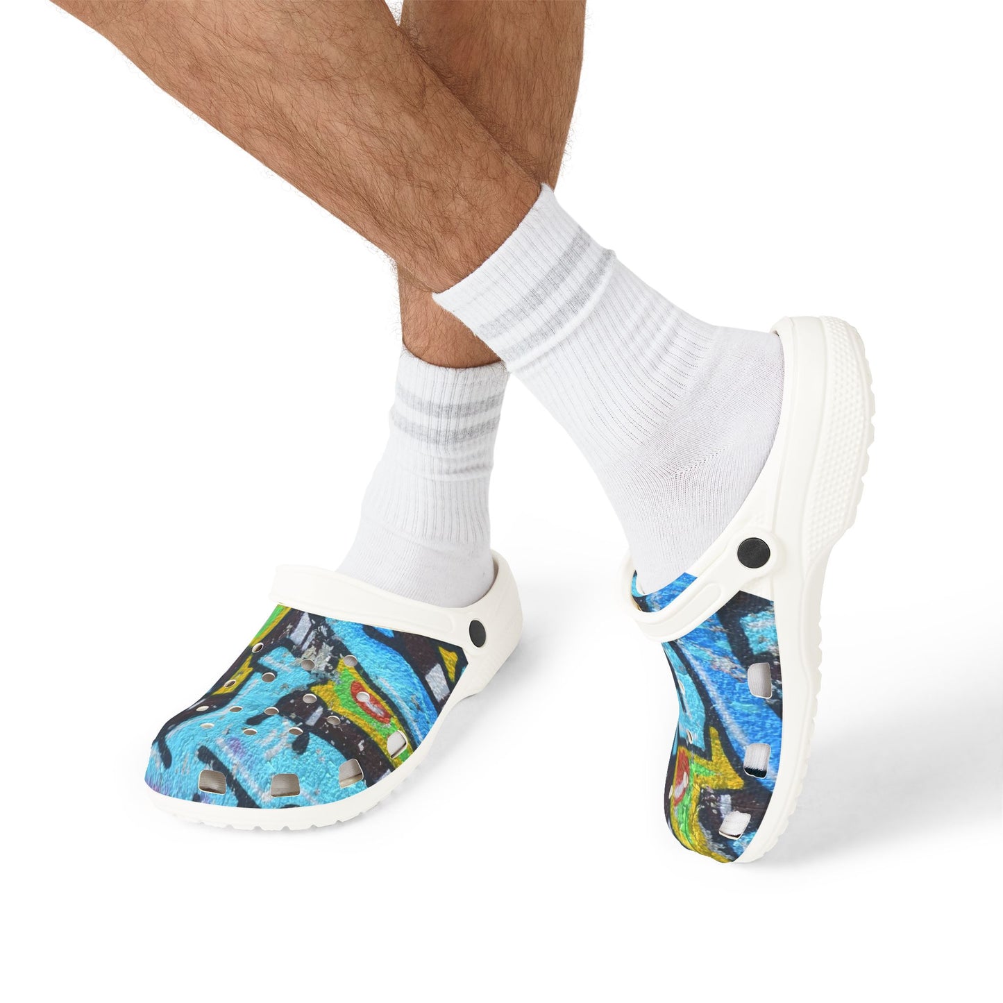Graffiti Painted Cityscape EVA Clogs — Artistic Blue Graphic Foam Slip‑Ons