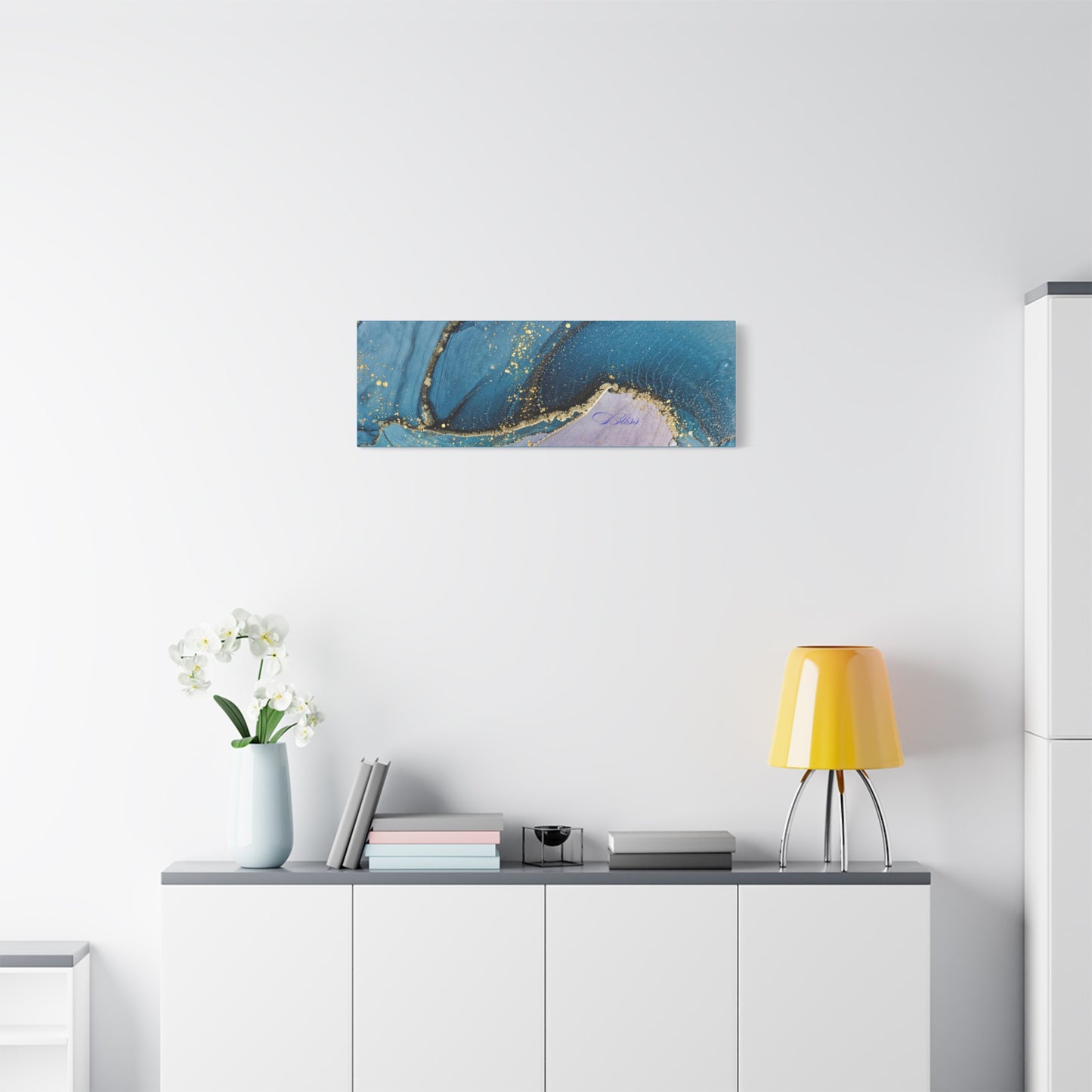 Canvas Wall Art, Abstract Ocean Wave, Modern Decor, Home Office, Gift for Her, Blue Gold Artwork, Living Room Wall Decor
