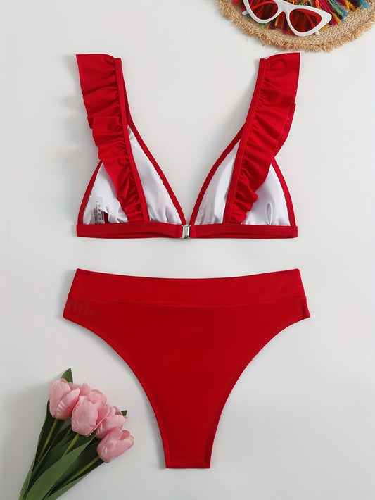 New Elegance Curve V-Neck Bikini Set – Sleek Solid Color High Waist Swimsuit with High-Cut Leg and Delicate Lettuce Trim – Stretch Comfort and Easy-Care Two-Piece Swimwear for Women’s Poolside Style