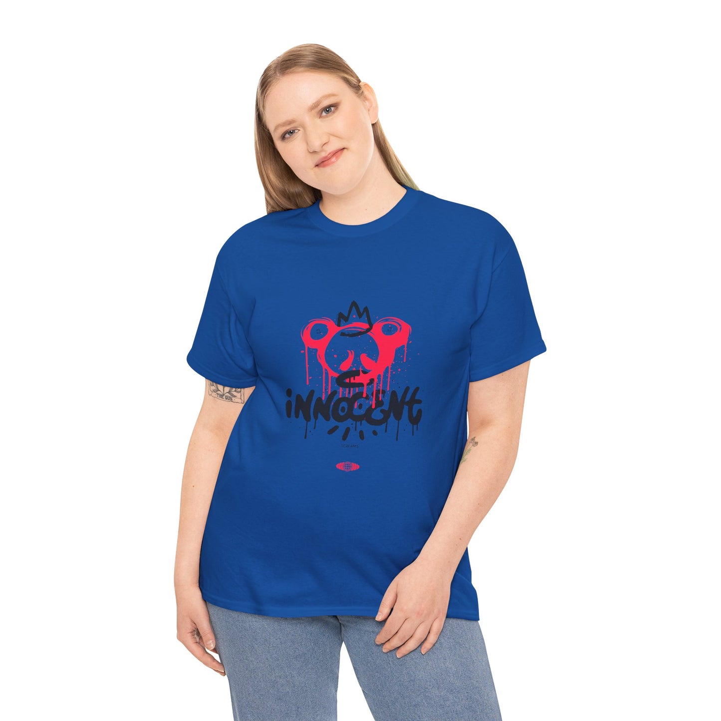 Edgy Graphic Tee: 'Innocent' Design, Urban Fashion, Streetwear, Unisex Cotton T-Shirt, Music Festivals, Casual Wear