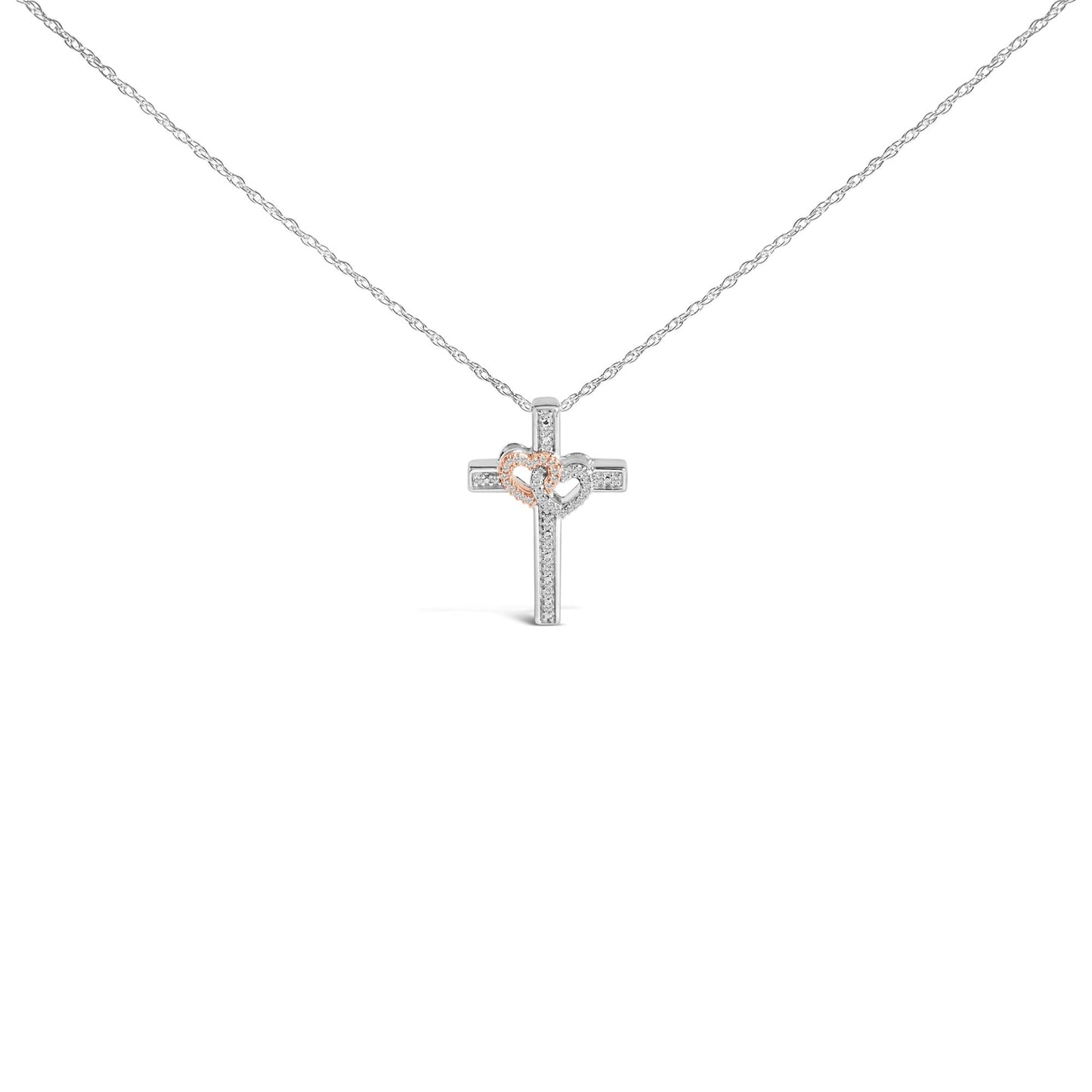 14K Rose Gold Plated Sterling Silver 1/10 Cttw Diamond Cross & Heart Pendant Necklace-0