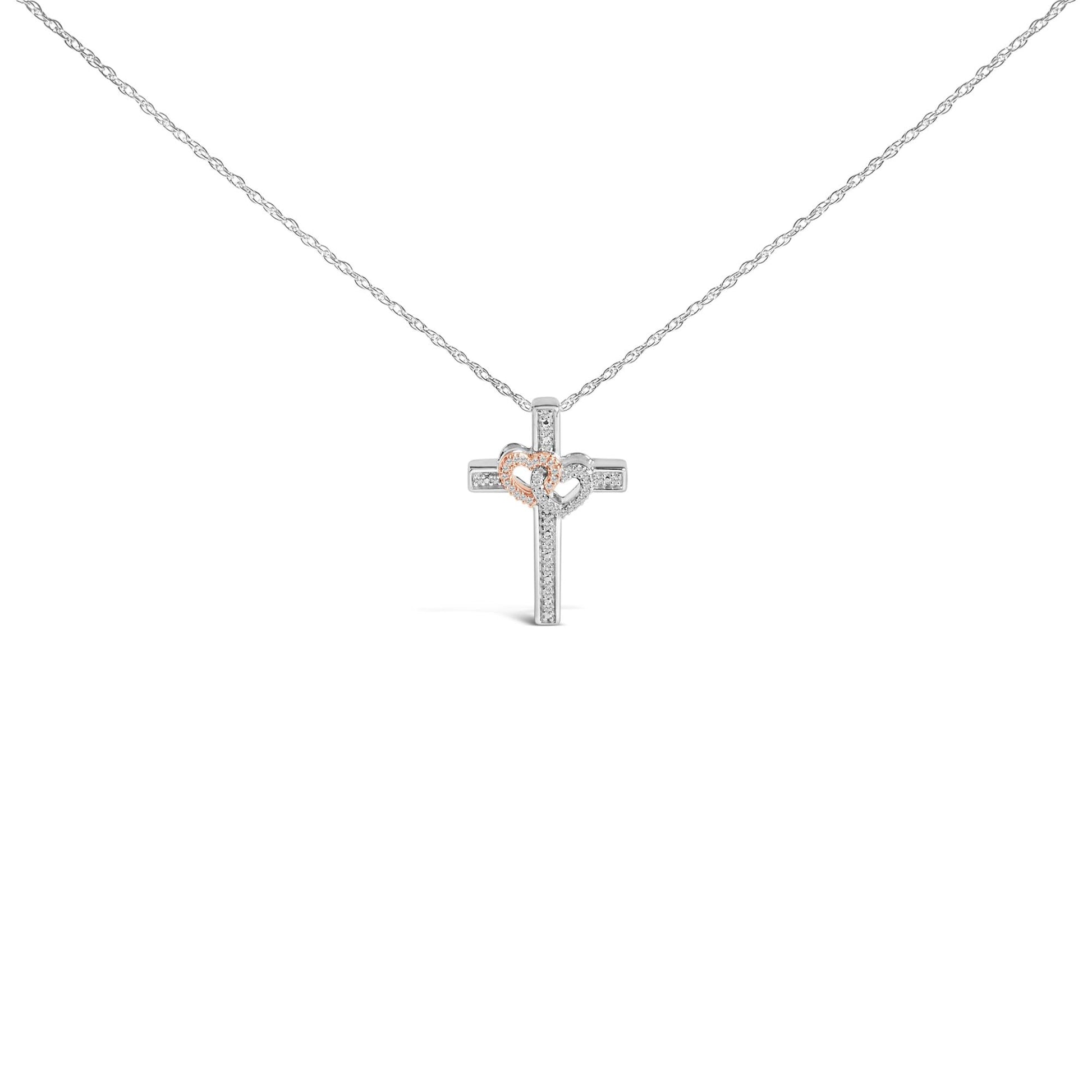 14K Rose Gold Plated Sterling Silver 1/10 Cttw Diamond Cross & Heart Pendant Necklace-0