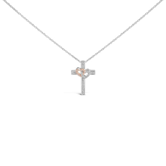 14K Rose Gold Plated Sterling Silver 1/10 Cttw Diamond Cross & Heart Pendant Necklace-0