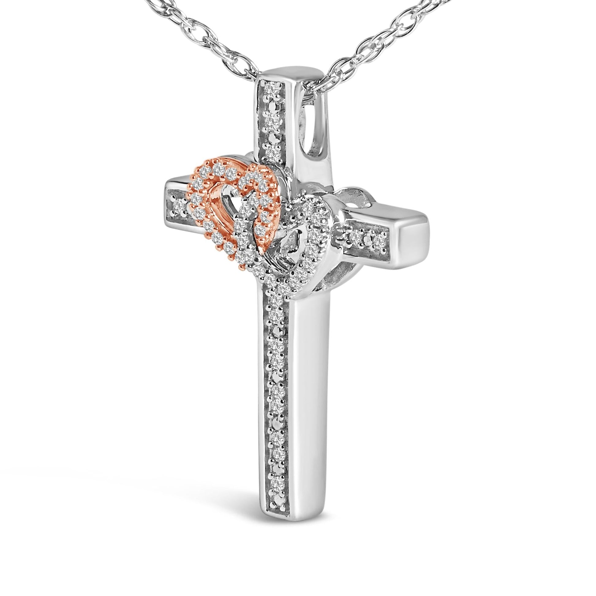 14K Rose Gold Plated Sterling Silver 1/10 Cttw Diamond Cross & Heart Pendant Necklace-3