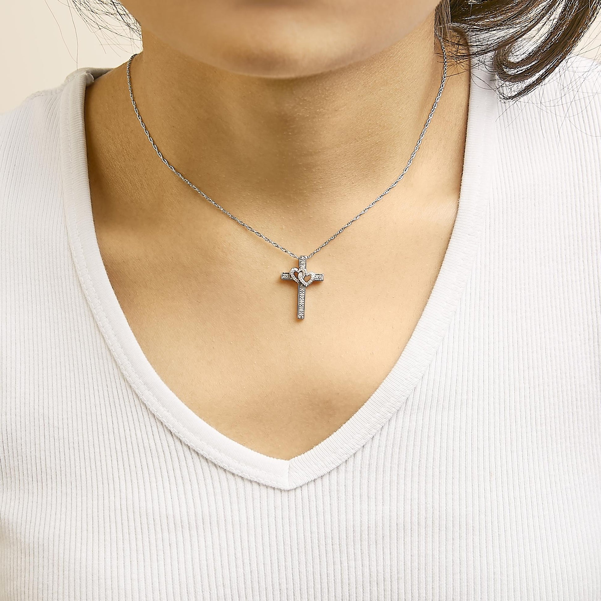14K Rose Gold Plated Sterling Silver 1/10 Cttw Diamond Cross & Heart Pendant Necklace-2