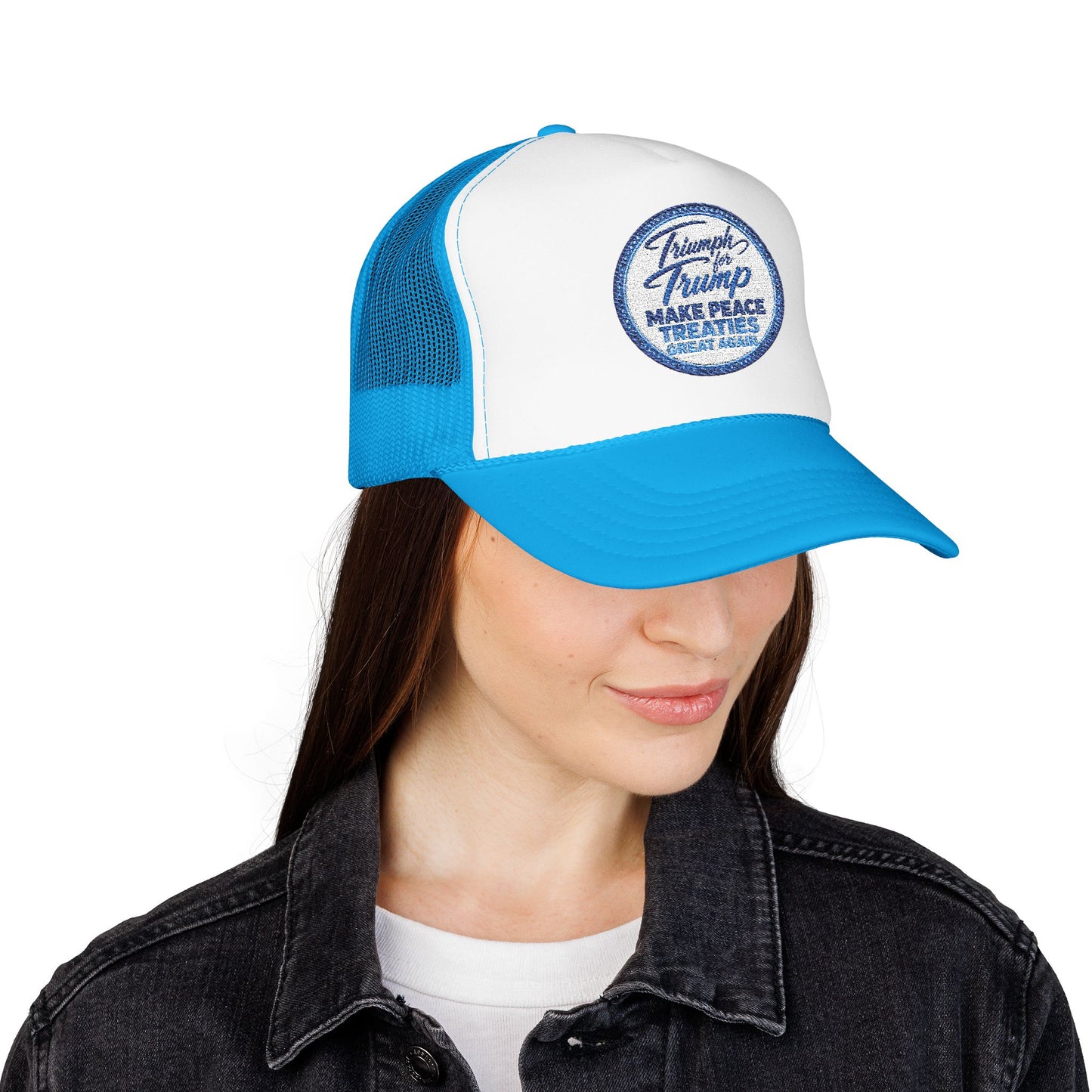 "Triumph for Trump: Make Peace Treaties Great Again" ✨EMBROIDERED Foam Trucker Hat — Vintage Trump Campaign Patch, Only @ LuxeByMimi✨