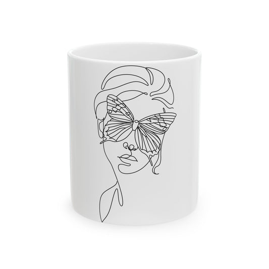 Butterfly Woman Ceramic Mug - Minimalist Art, Coffee Cup, Unique Gift, Home Decor, Art Lover's Mug