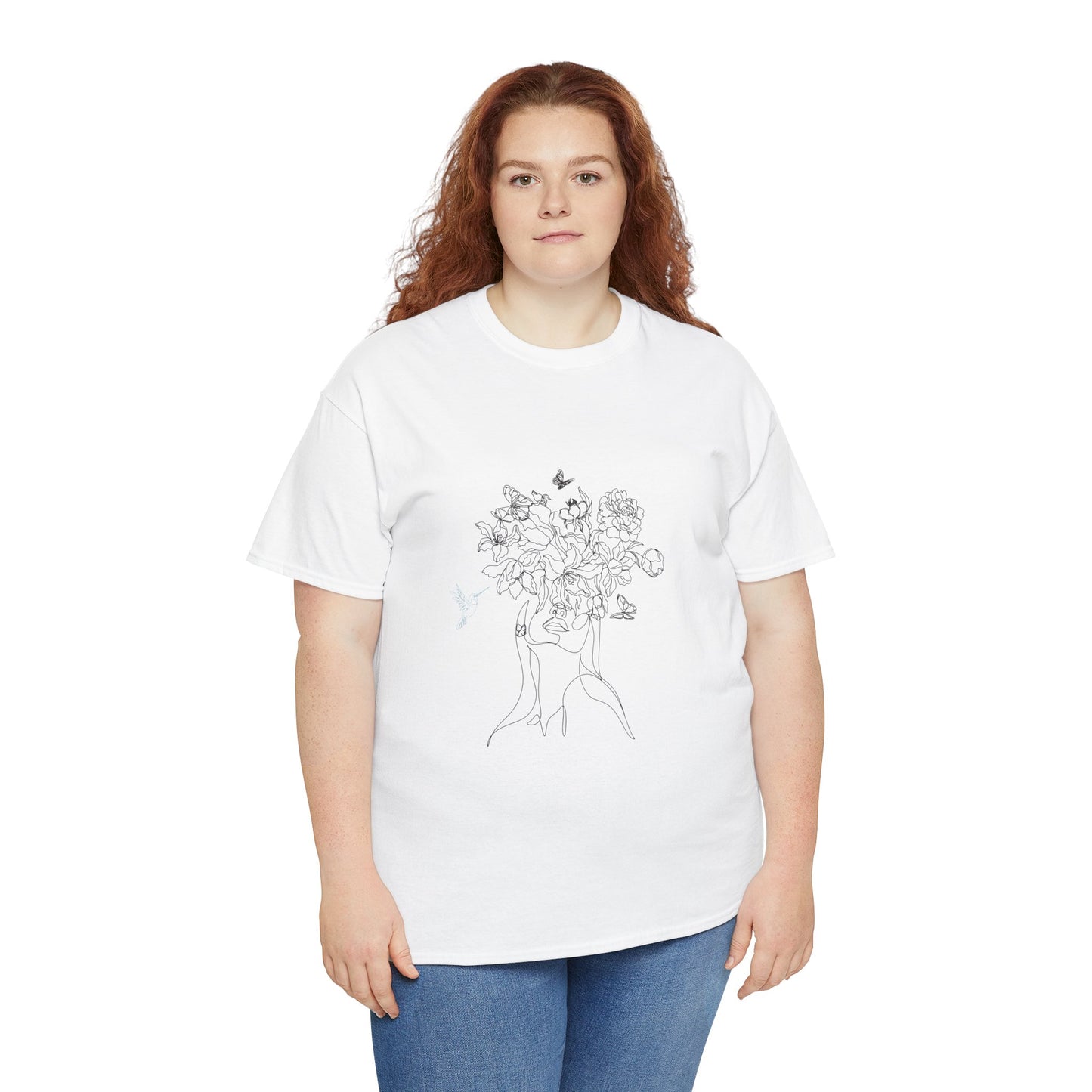 Floral Art Sketch Woman Flowers Hummingbird Unisex Heavy Cotton Tee - Beautiful Gift for Her, Everyday Comfort, Spring Style, Unique Graphic Shirt