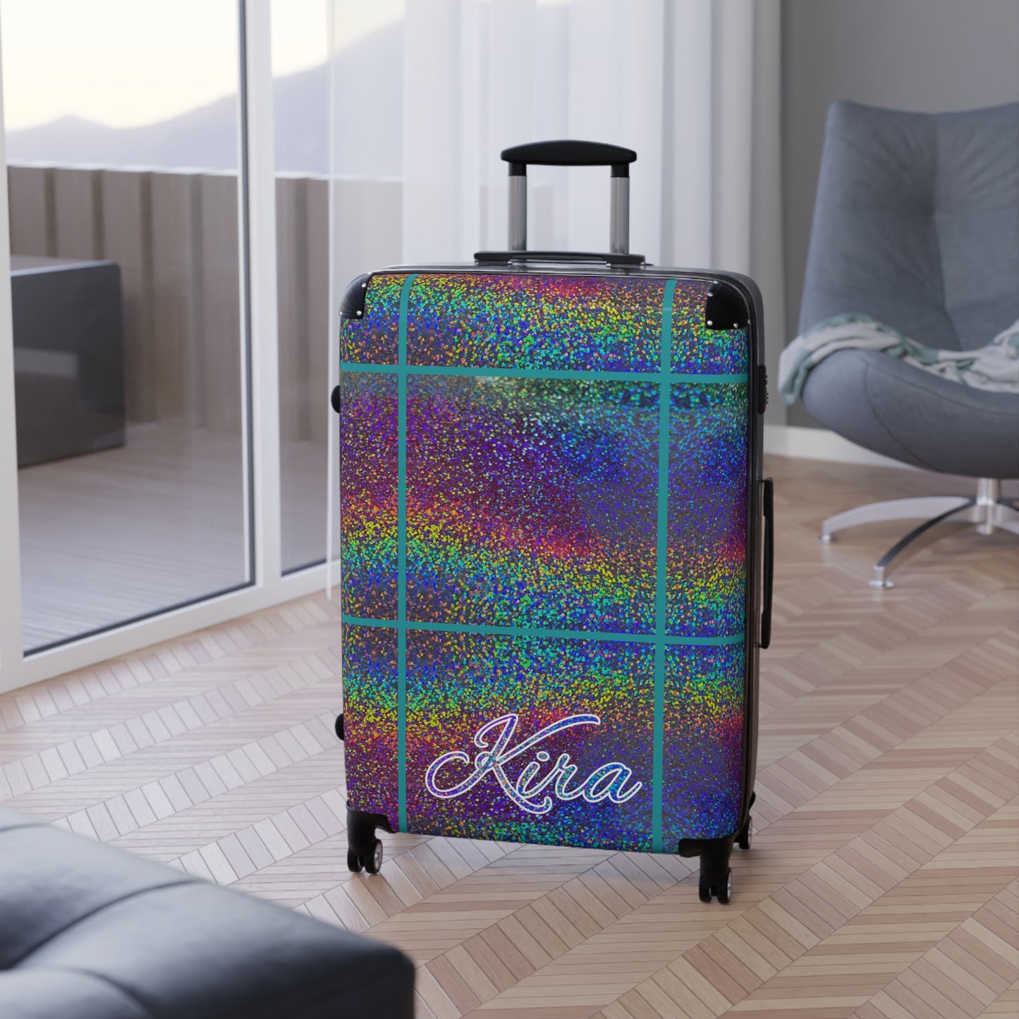 Personalized Name Holographic Glitch Pattern Print Suitcase Colorful Travel Luggage: WARNING - May Cause Uncontrollable Compliments