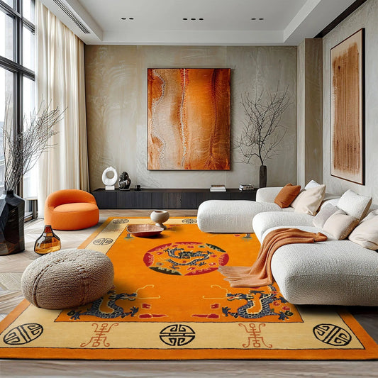 LoomBloom Multi Sizes Gold Hand Tufted Medallion & Dragon Chinese Art Deco New Zealand Wool Oriental Area Rug-0