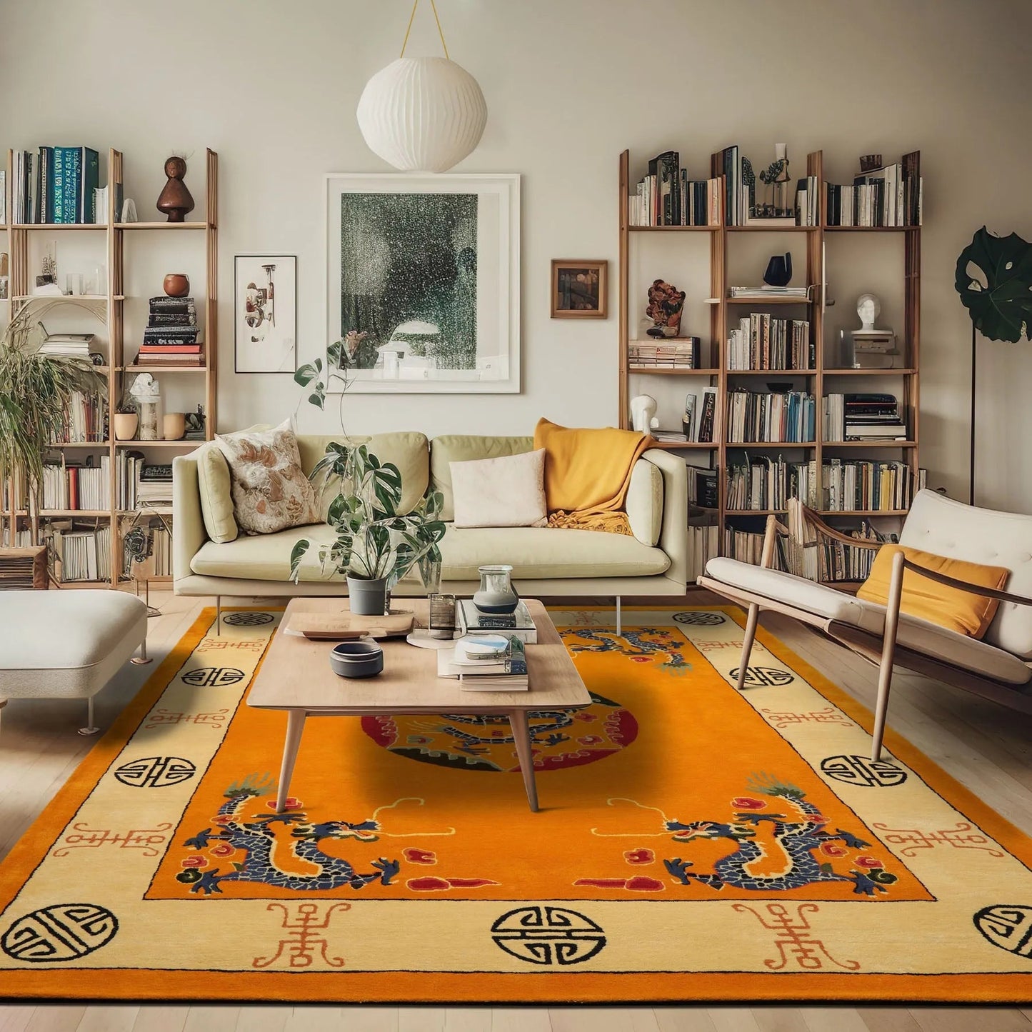 LoomBloom Multi Sizes Gold Hand Tufted Medallion & Dragon Chinese Art Deco New Zealand Wool Oriental Area Rug-1