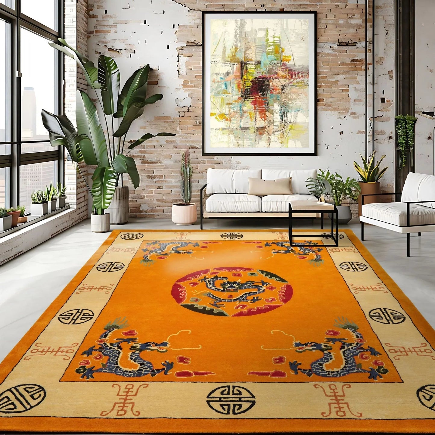 LoomBloom Multi Sizes Gold Hand Tufted Medallion & Dragon Chinese Art Deco New Zealand Wool Oriental Area Rug-2