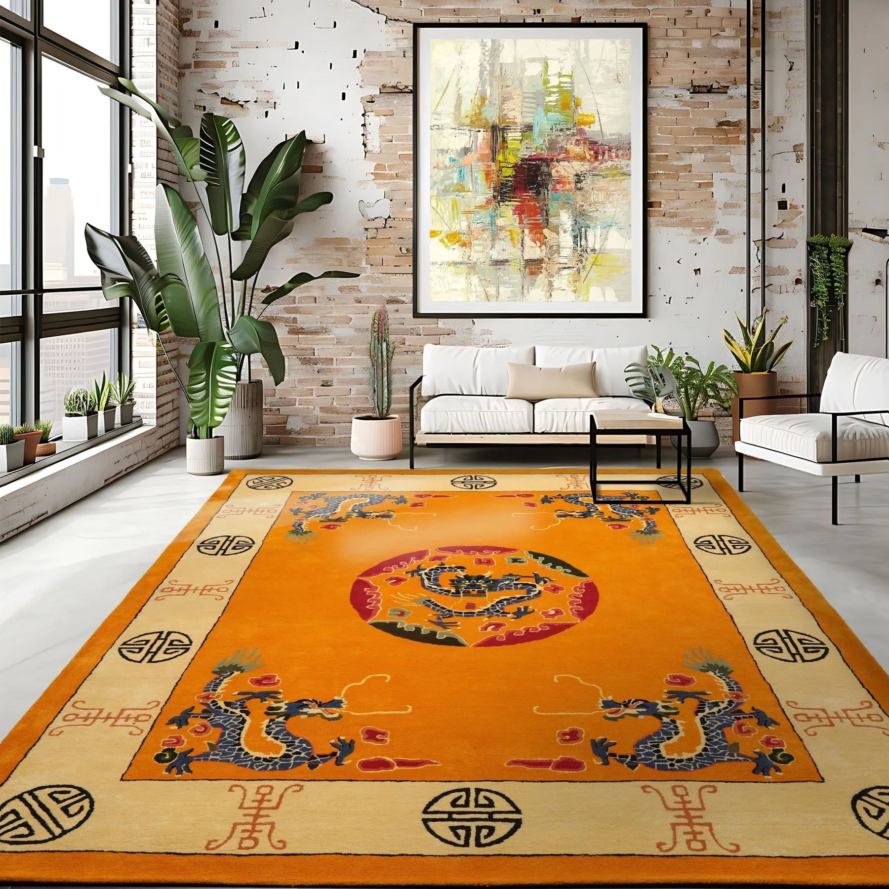 LoomBloom Multi Sizes Gold Hand Tufted Medallion & Dragon Chinese Art Deco New Zealand Wool Oriental Area Rug-2