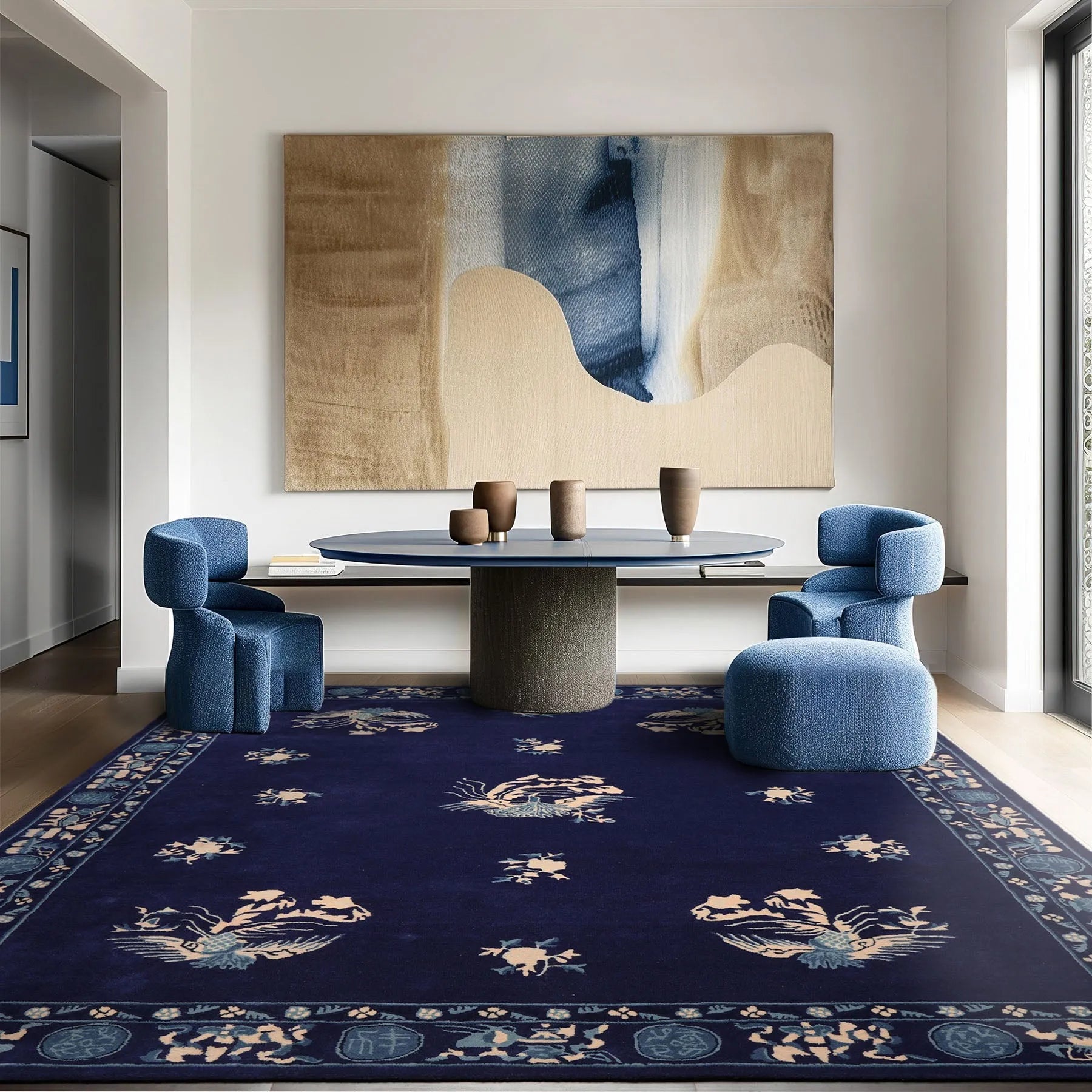 LoomBloom Multi Sizes Navy Hand Tufted  Chinese Art Deco New Zealand Wool Oriental Area Rug-3