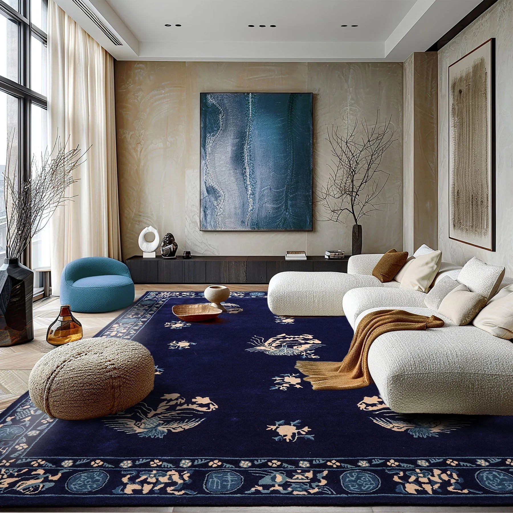 LoomBloom Multi Sizes Navy Hand Tufted  Chinese Art Deco New Zealand Wool Oriental Area Rug-2