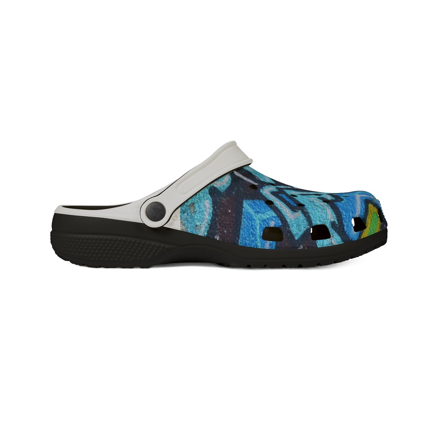 Graffiti Painted Cityscape EVA Clogs — Artistic Blue Graphic Foam Slip‑Ons