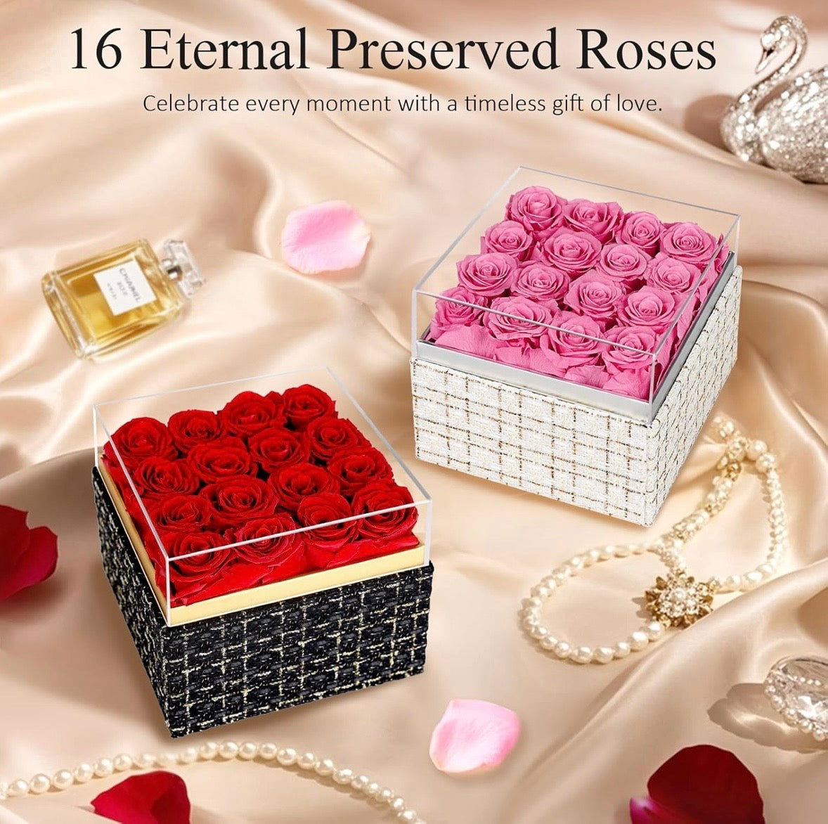 “Chic Thrills” 16 Count Preserved Rose Box, Eternal Pink / Red Forever Flowers Roses in Acrylic Box