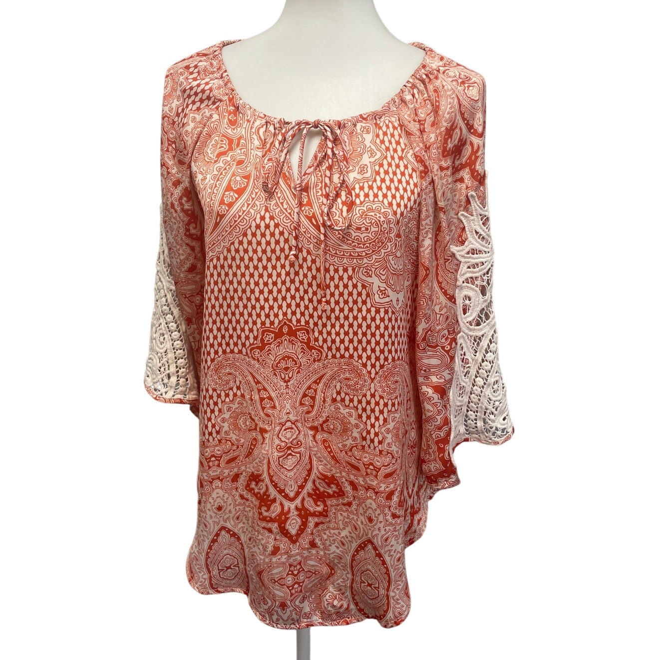 Cha Cha Vente Womens Medium Long Sleeve Boho Lacy Paisley Front Tie Blouse Top