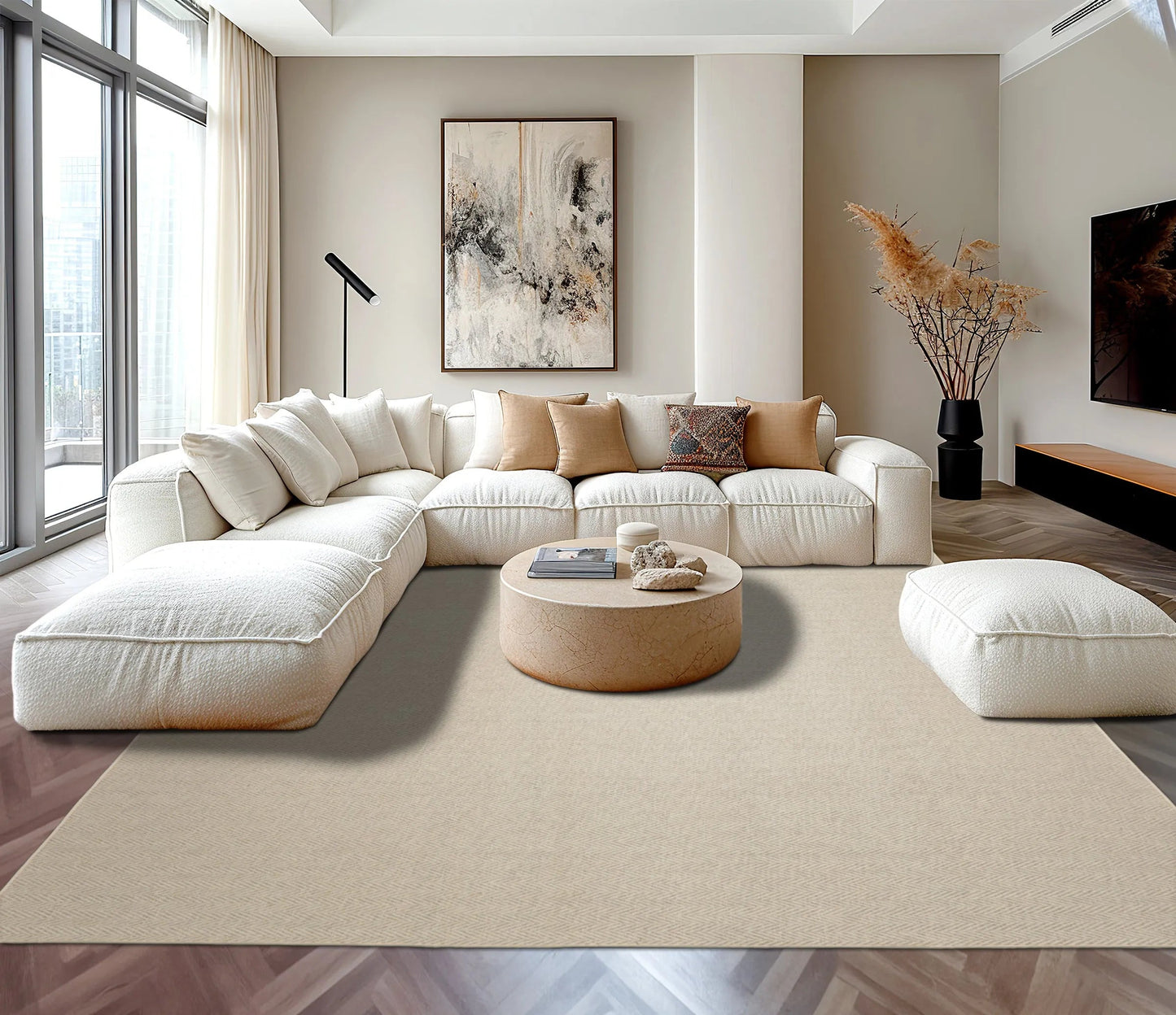 LoomBloom Multi Sizes Beige Hand Woven Contemporary Herringbone New Zealand Wool Oriental Area Rug-1