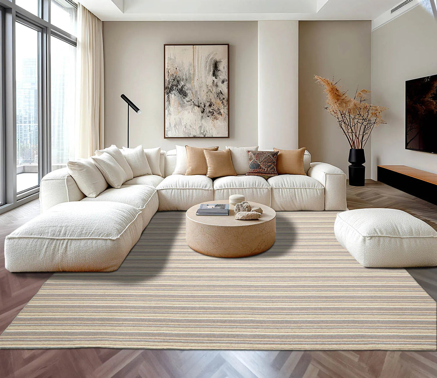 LoomBloom Multi Sizes Ivory Hand Woven Contemporary Striped New Zealand Wool Oriental Area Rug-1