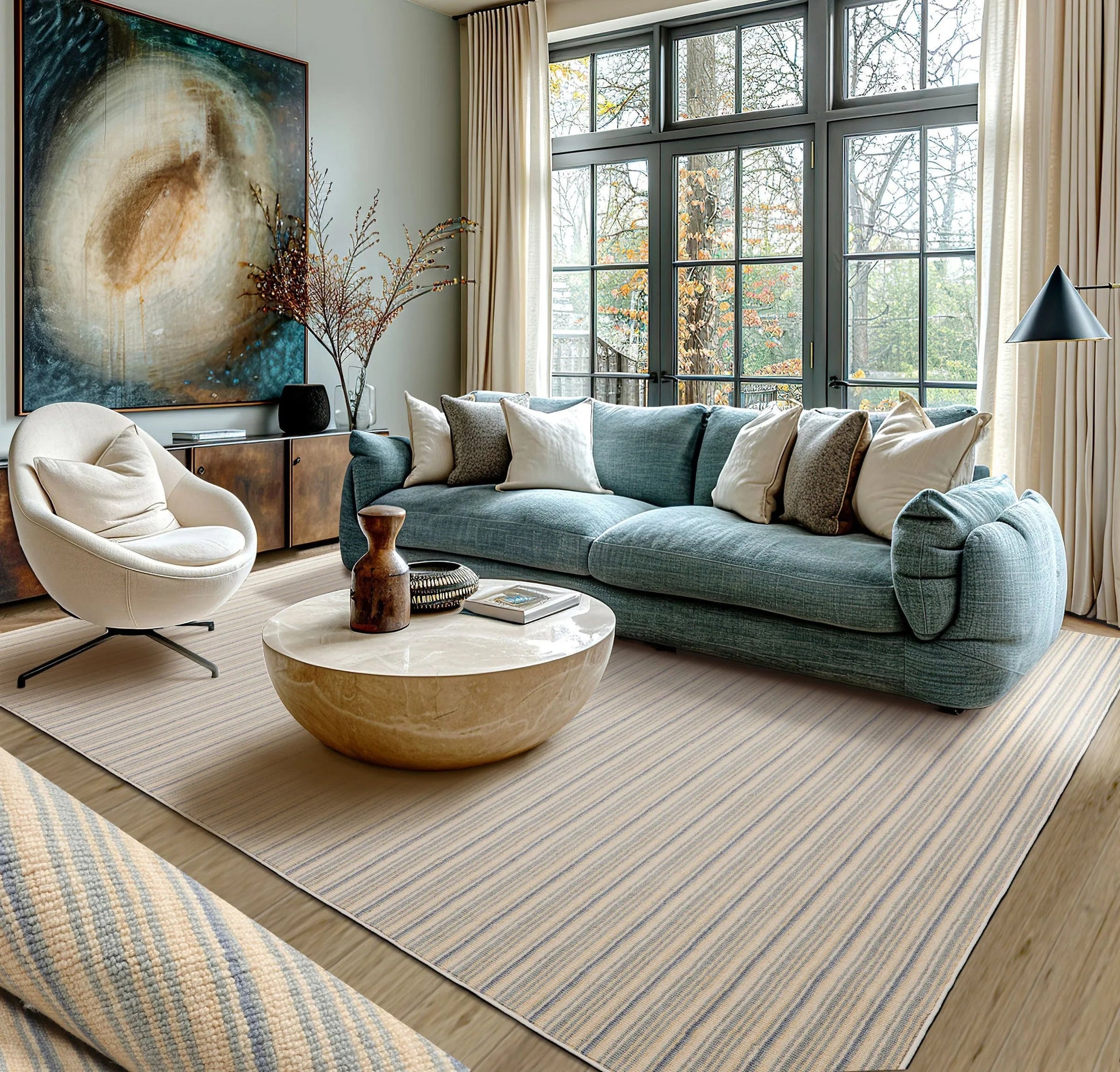 LoomBloom Multi Sizes Ivory Hand Woven Contemporary Striped 100% New Zealand Wool Oriental Area  Rug-1