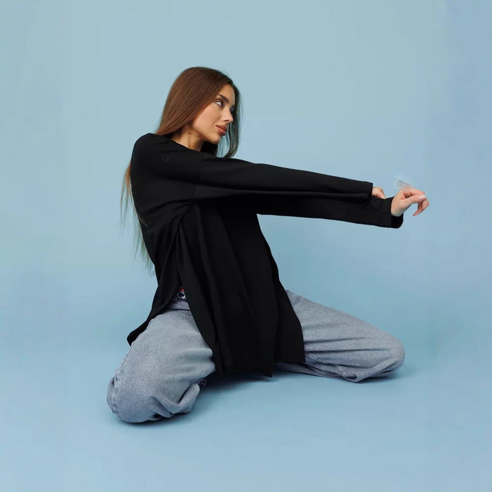 Style Long Sleeve T-Shirt Women's Pure Cotton Loose Fit Slit Knitted Top Wine Red