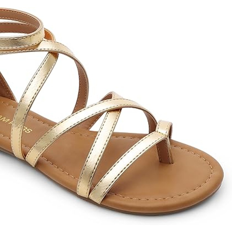 Dream Pairs Womens 10 Shiny Gold Open Toe Ankle Strap Gladiator Flat Sandals