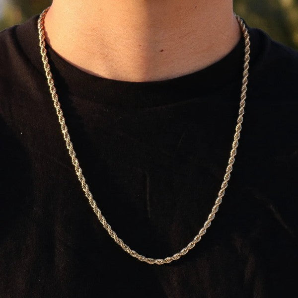 18k Gold Plated Rope Chain Necklace - 4mm Elevate your everyday look with this timeless 4mm Rope Chain, crafted from sterling silver and coated in luxurious 18k gold plating. Designed with a classic twist pattern, this piece exudes sophistication and versatility.

18k Gold filled Rope Chain Necklace - 4mm
Features:
* Material:  Sterling silver with 18k gold plating
* Thickness: 4mm
* Length: 24 inches
* Weight: 50 grams
Perfect for wearing alone or layering with other chains, durable and stylish piece 