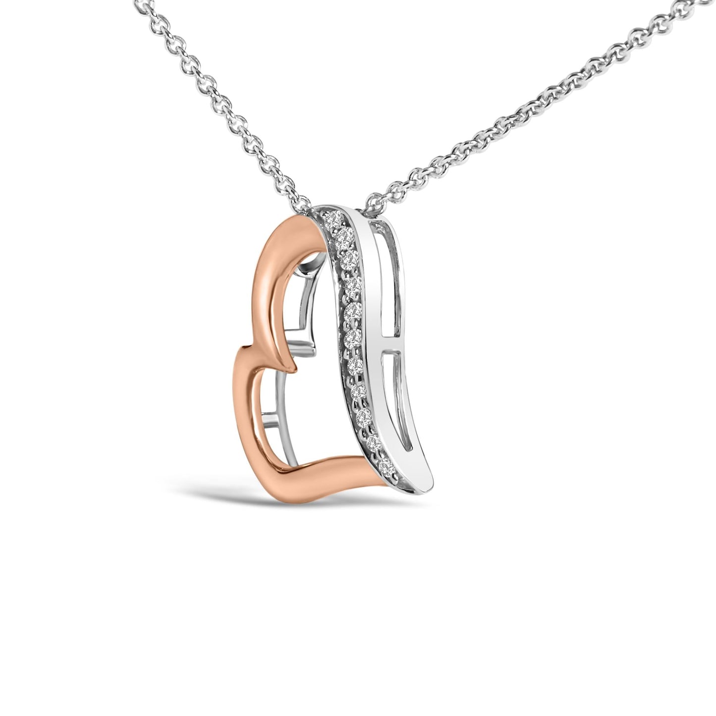 14K Rose Gold Plated Sterling Silver 1/10 Cttw Diamond Open Heart Pendant Necklace-3