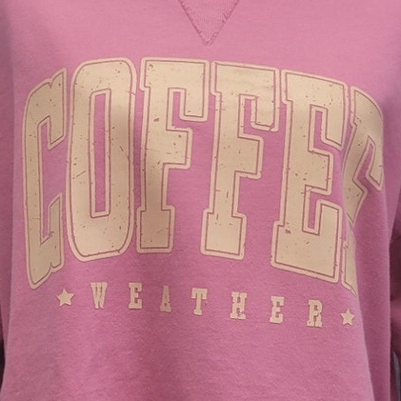 Hand Printed Upcycled Womens Plus Size 1X Coffee Weather Long Sleeve Sweatshirt