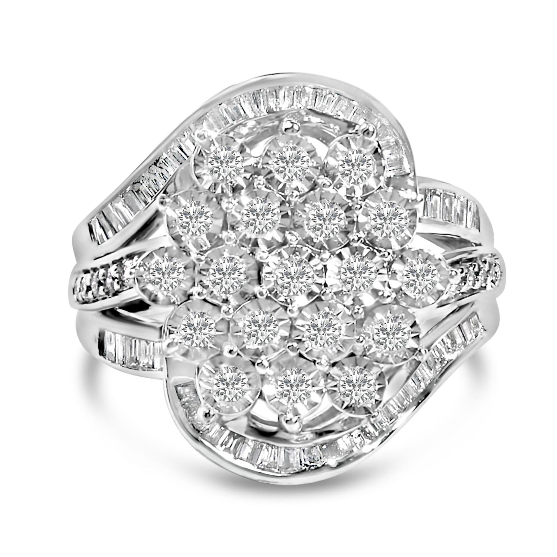 Sterling Silver 1.0 Cttw Diamond Swirl Cluster Cocktail Ring-0